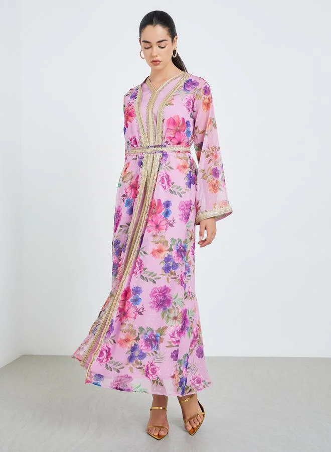 Amirah Women Pink Floral Lace Insert Kaftan